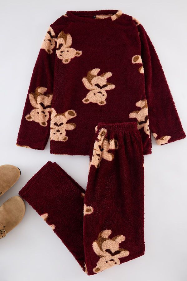 Trendyol Trendyol Claret Red Teddy Bear Wellsoft Knitted Pajama Set