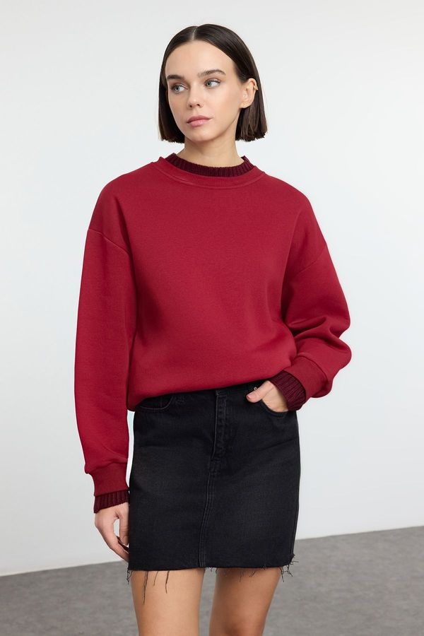 Trendyol Trendyol Claret Red Thick Fleece Inside Knitwear Collar and Sleeve Detailed Knitted Sweatshirt