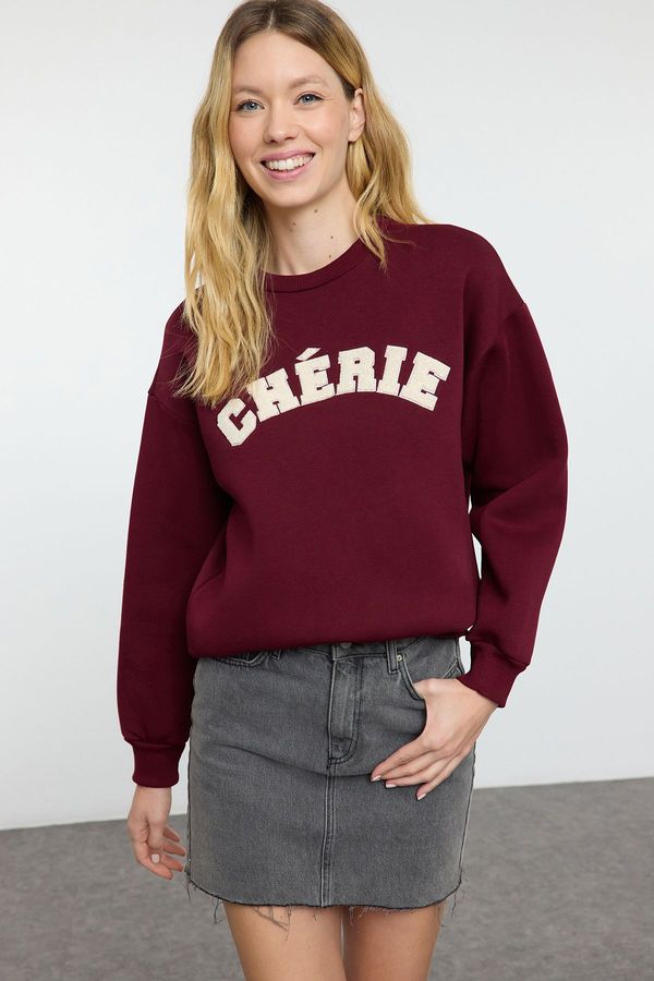 Trendyol Trendyol Claret Red Thick Polar Fleece Oversize/Relaxed Cut Slogan Embroidered Knitted Sweatshirt