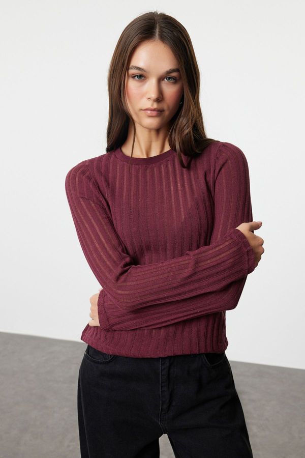 Trendyol Trendyol Claret Red Transparent Knitwear Look Fabric Regular Length Crew Neck Knitted Blouse