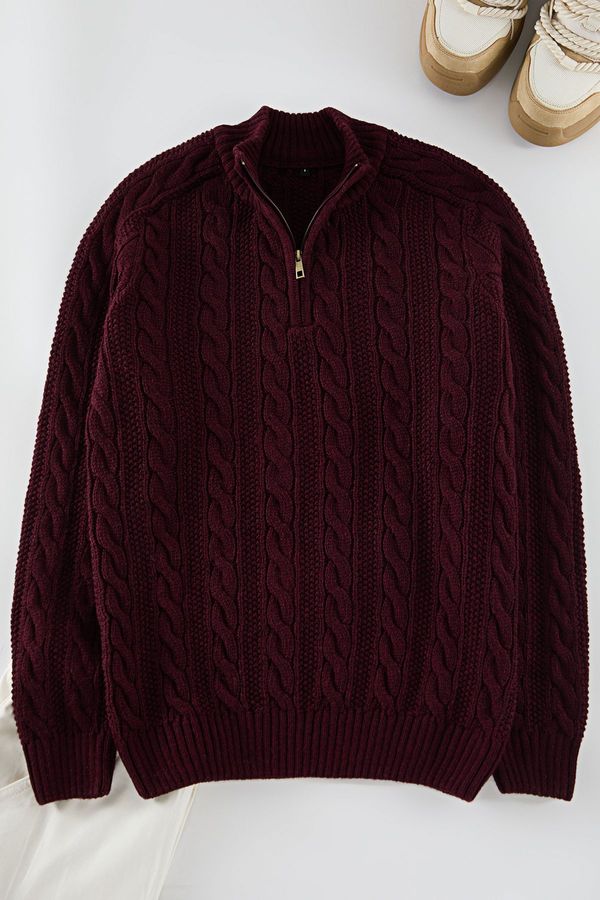 Trendyol Trendyol Claret Red Unisex Zippered Half Turtleneck Knit Sweater