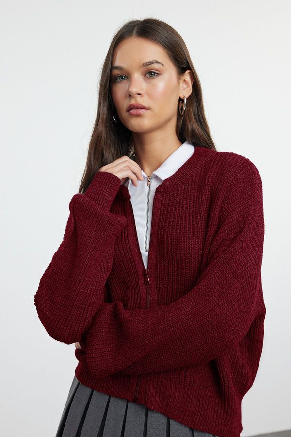 Trendyol Trendyol Claret Red Wide Pattern Bomber Collar Zippered Knitwear Cardigan