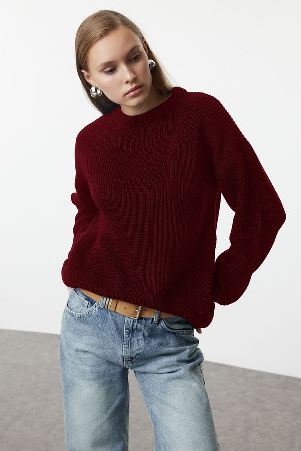 Trendyol Trendyol Claret Red Wide Pattern Ribbed Crew Neck Knitwear Sweater