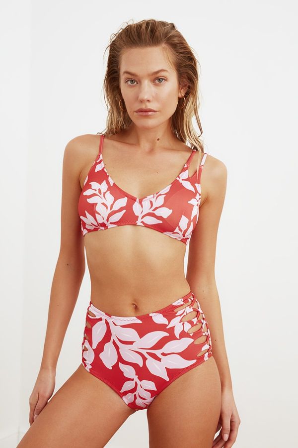 Trendyol Trendyol Colorful Leaf Pattern Cross-Connected High Waist Bikini Bottom