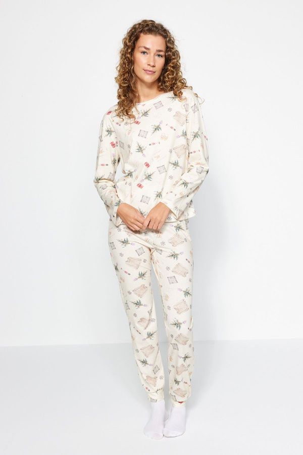 Trendyol Trendyol Cream 100% Cotton Christmas Patterned Tshirt-Jogger Knitted Pajama Set