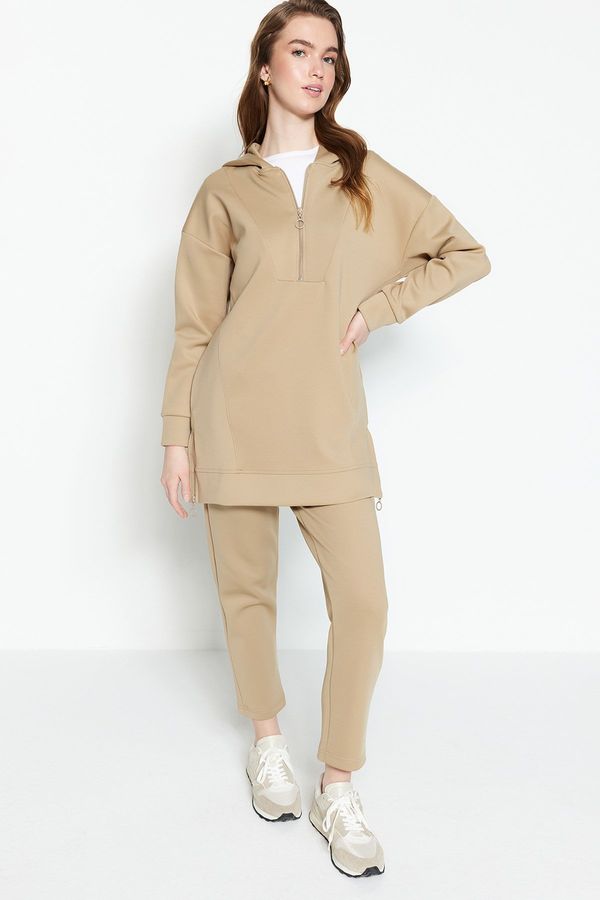 Trendyol Trendyol Cream Front Zipper Soft Textured Scuba Knitted Tracksuit Set