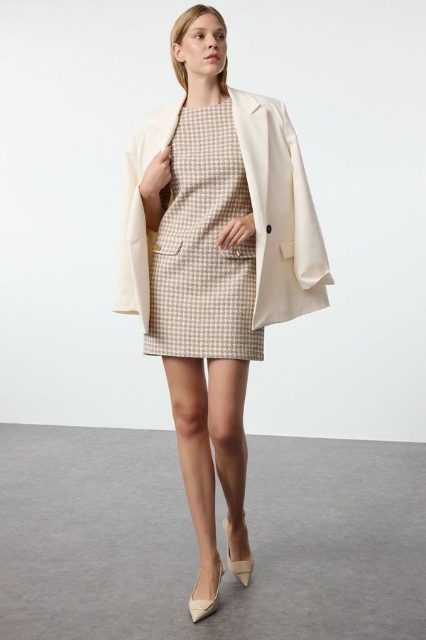 Trendyol Trendyol Cream Houndstooth Straight Cut Button Detailed Tweed Woven Dress