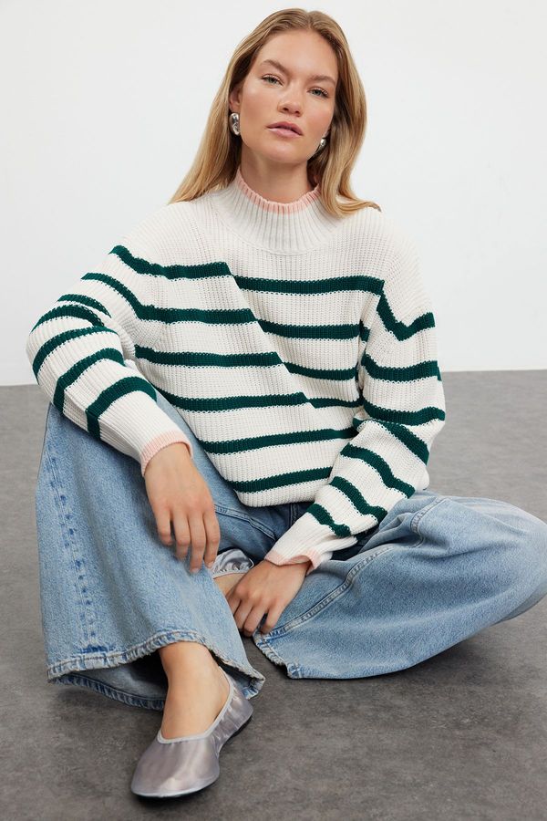 Trendyol Trendyol Cream Wide Pattern Striped Knitwear Sweater