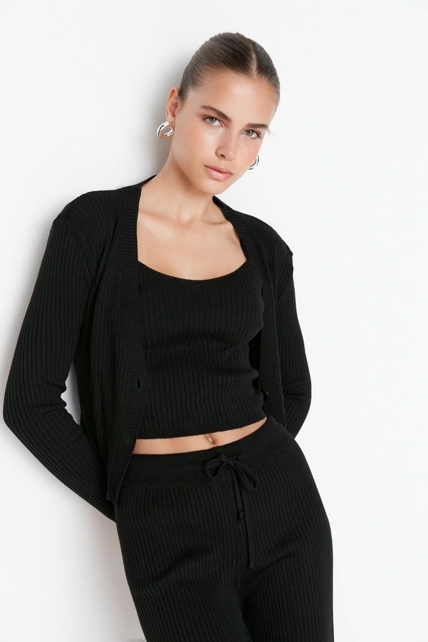 Trendyol Trendyol črna rebrasta bluza, kardigan, hlače, pulover vrhunska obleka