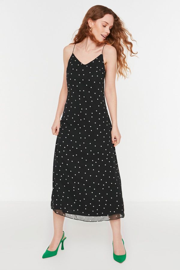 Trendyol Trendyol črna tkana podložena Chiffon trak Polka Dot Midi tkana obleka