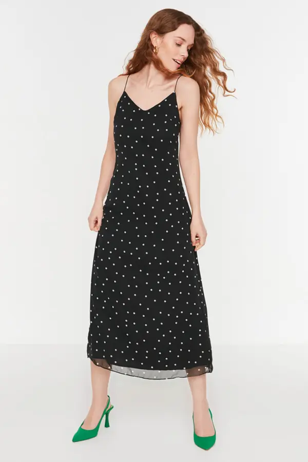 Trendyol Trendyol črna tkana podložena Chiffon trak Polka Dot Midi tkana obleka