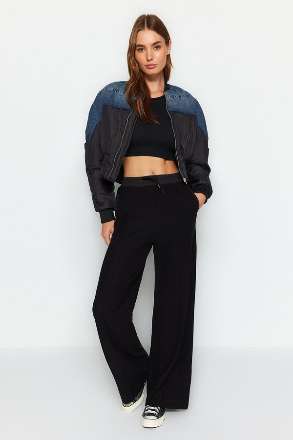 Trendyol Trendyol črno padalo okrasite detajl debele ravne pletene trenirke
