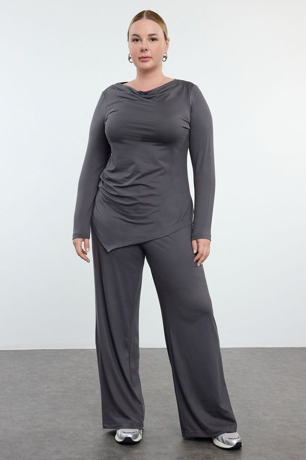 Trendyol Trendyol Curve Anthracite Premium Boat Neck Knitted Plus Size Bottom Top Set