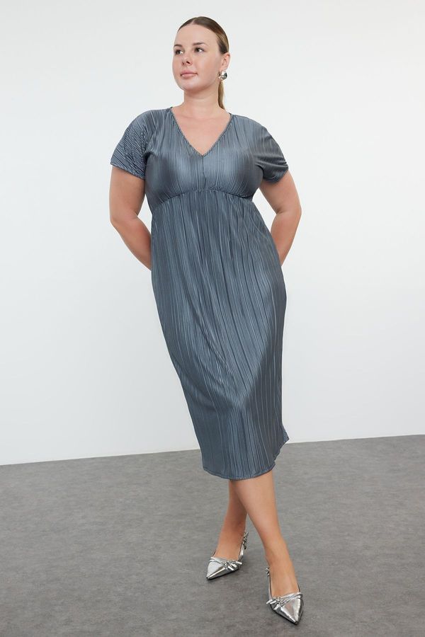 Trendyol Trendyol Curve Anthracite Reversible Pleated Midi Plus Size Dress