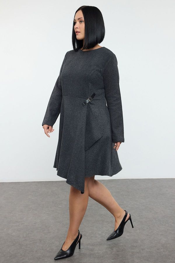 Trendyol Trendyol Curve Anthracite Tweed Buckle Accessory Long Sleeve Woven Plus Size Dress