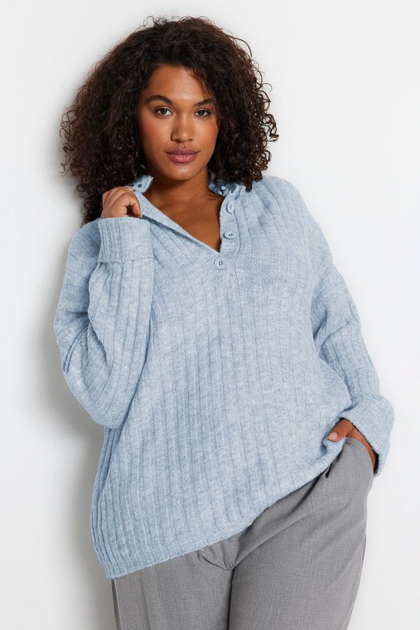 Trendyol Trendyol Curve Baby Blue Ribbed Buttoned Knit Sweater