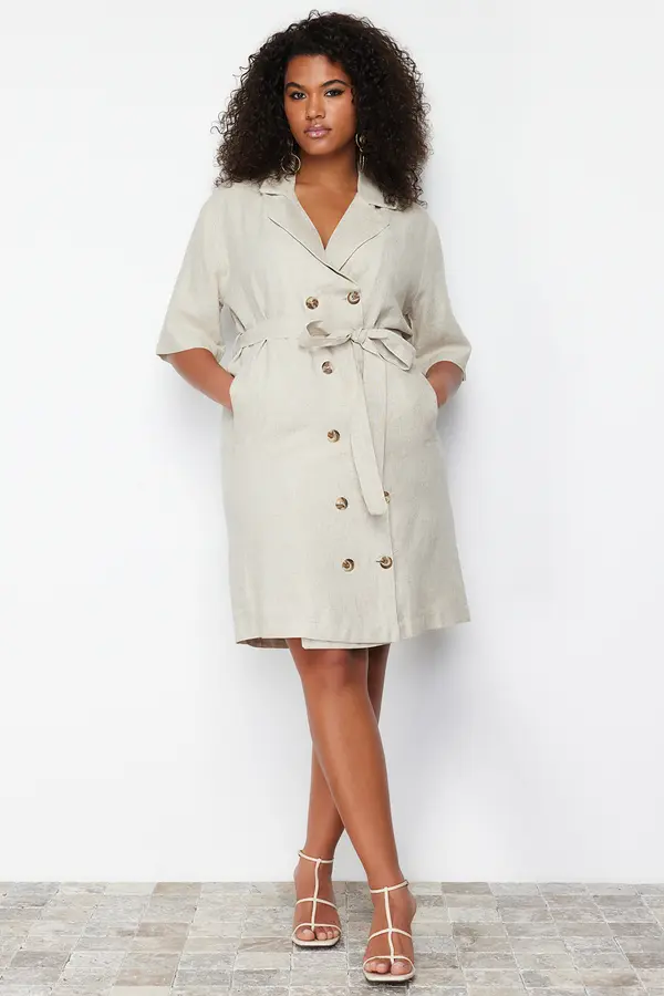 Trendyol Trendyol Curve Beige Double Breasted Woven Jacket Linen Blend Dress