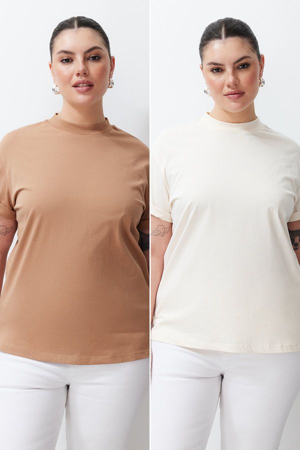 Trendyol Trendyol Curve Beige-Mink 2-Pack 100% Cotton Basic High Neck Knitted T-Shirt