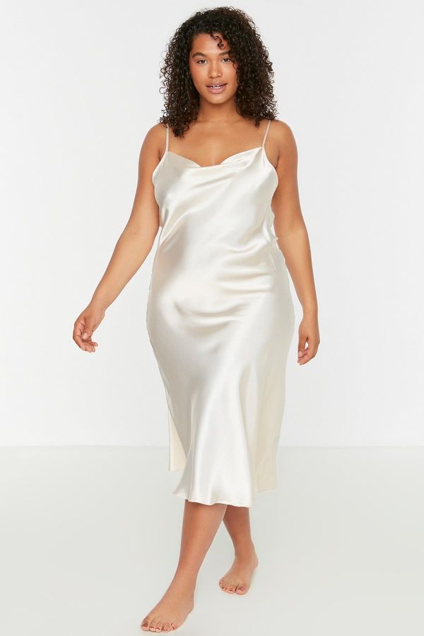 Trendyol Trendyol Curve Beige Straps, Satin Woven Back Detailed Nightgown