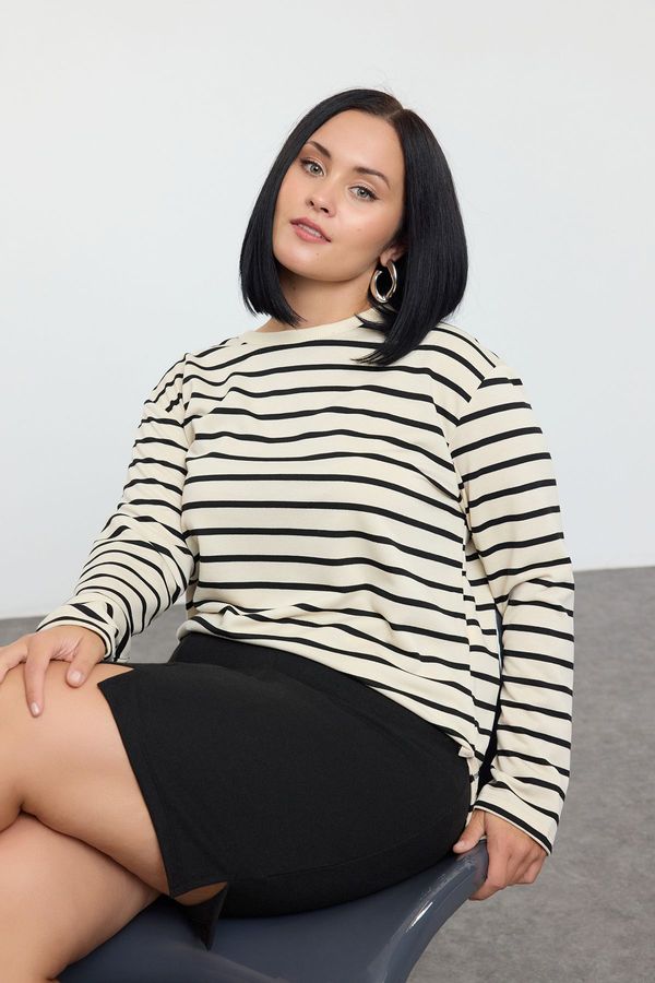 Trendyol Trendyol Curve Beige Striped Regular/Normal Pattern Crew Neck Knitted Sweatshirt