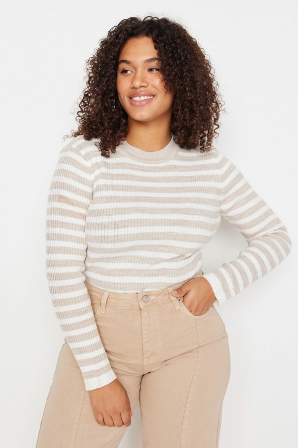 Trendyol Trendyol Curve Beige Striped Ribbed Body-hugging Knitwear Sweater