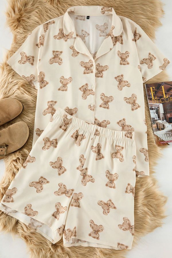 Trendyol Trendyol Curve Beige Teddy Bear Patterned Shirt Collar Viscose Woven Pajama Set