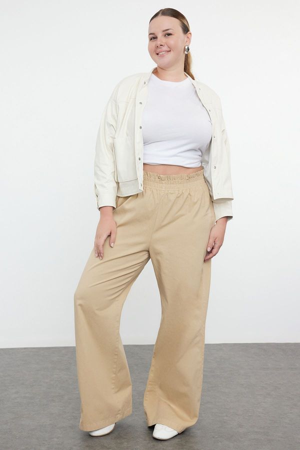 Trendyol Trendyol Curve Beige Women's Flexible Elastic Waist Gabardine Thick Large Size Woven Trousers