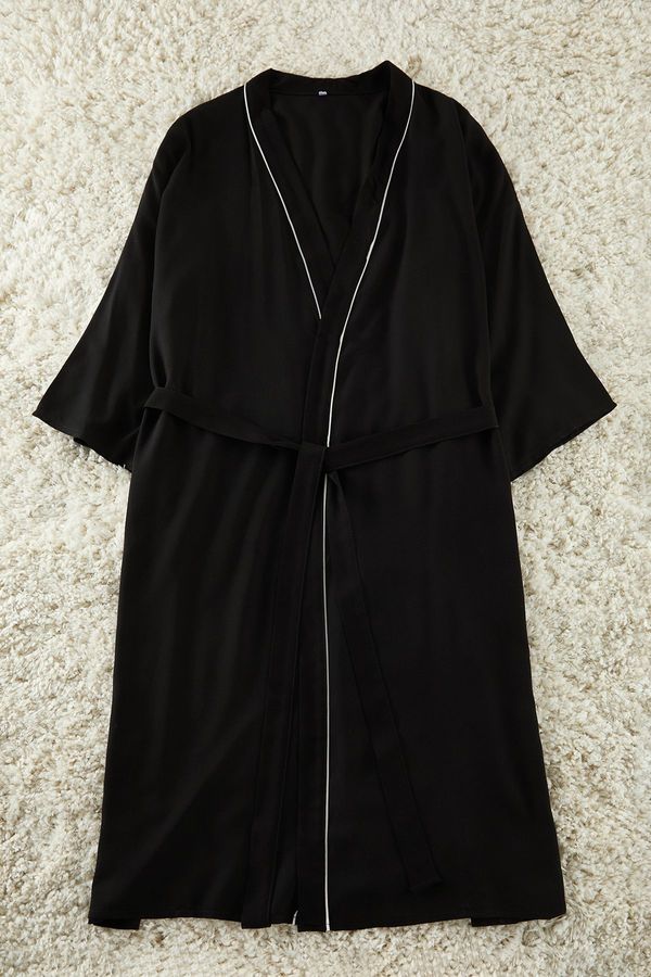 Trendyol Trendyol Curve Black 2-Piece Viscose Binding Dressing Gown-Pajama Bottom Woven Pajama Set