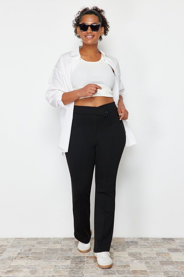 Trendyol Trendyol Curve Black Asymmetrical Waist Detailed 100% Cotton Knitted Trousers