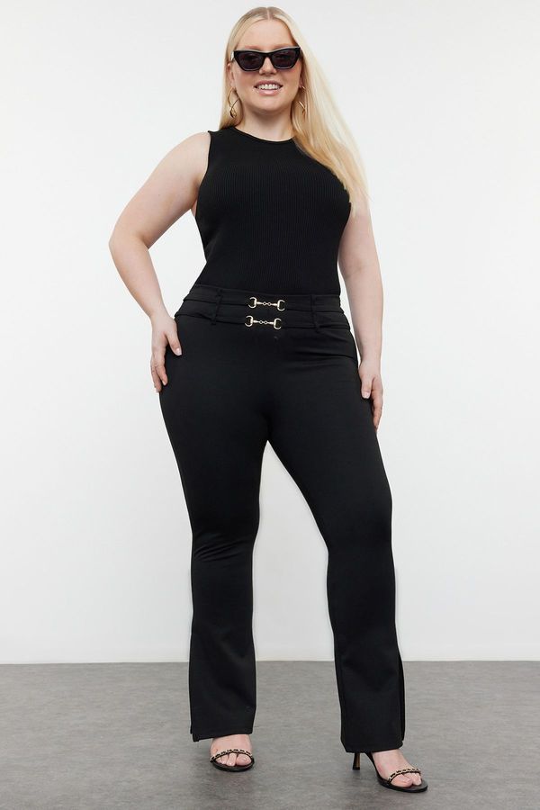 Trendyol Trendyol Curve Black Belt Detailed Interlock Flare 100% Cotton Knitted Trousers