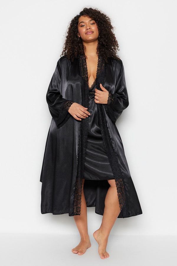 Trendyol Trendyol Curve Black Belted Satin Woven Lace Dressing Gown