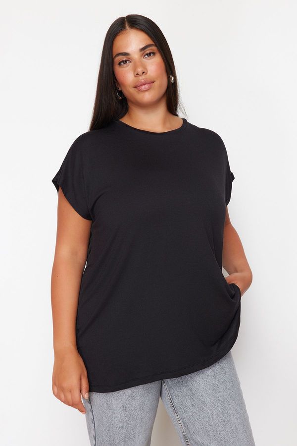 Trendyol Trendyol Curve Black Boyfriend V-Neck Slit Knitted Modal Fabric T-Shirt