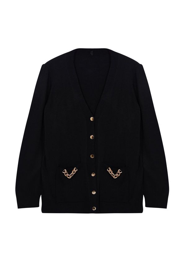 Trendyol Trendyol Curve Black Chain Detailed Pocket V-Neck Knitwear Cardigan