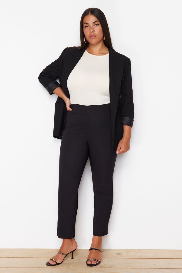 Trendyol Trendyol Curve Black Cigarette Ribbed Waist Detailed Woven Plus Size Fabric Trousers