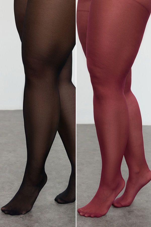 Trendyol Trendyol Curve Black-Claret Red 2 Pack Super Opaque Pantyhose 40 Dens Large Size