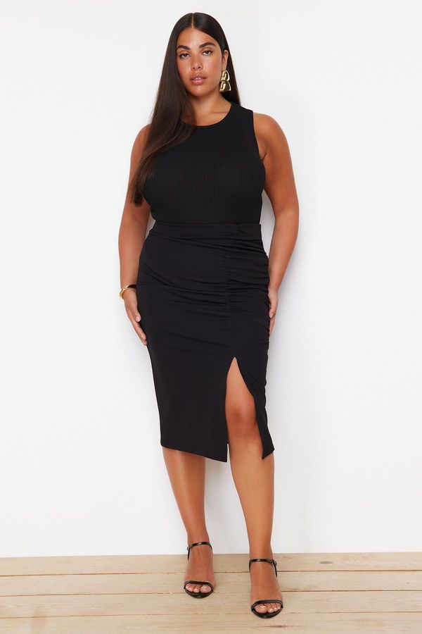 Trendyol Trendyol Curve Black Crepe Fabric Midi Knitted Skirt with Drape and Slit Detail