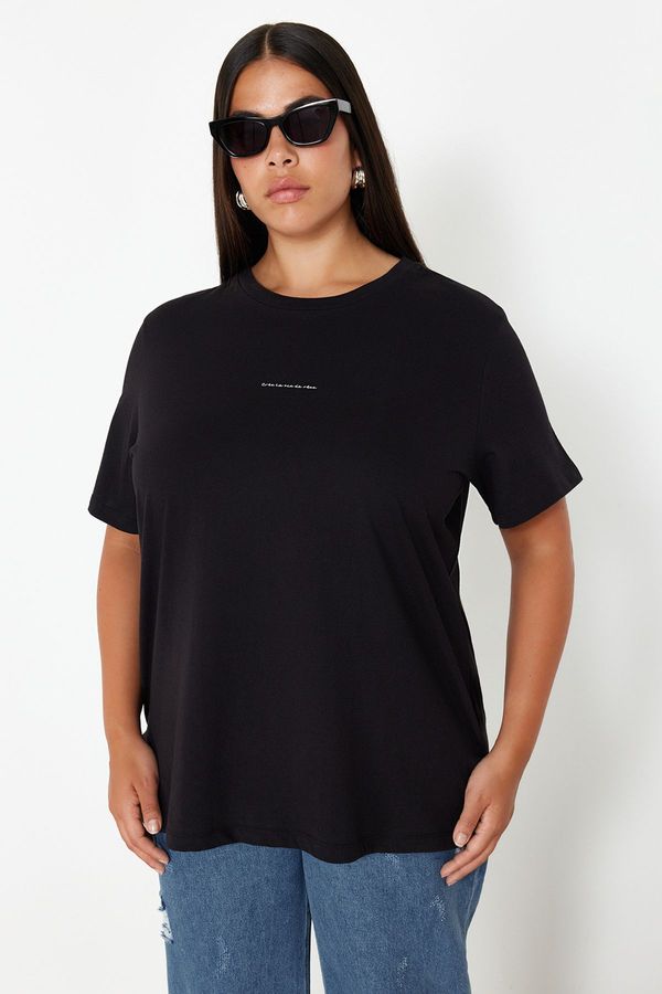 Trendyol Trendyol Curve Black Crew Neck Printed Plus Size Knitted Tshirt