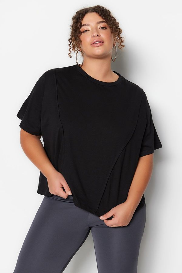 Trendyol Trendyol Curve Black Crew Neck Stitching Detailed Knitted Crop T-Shirt