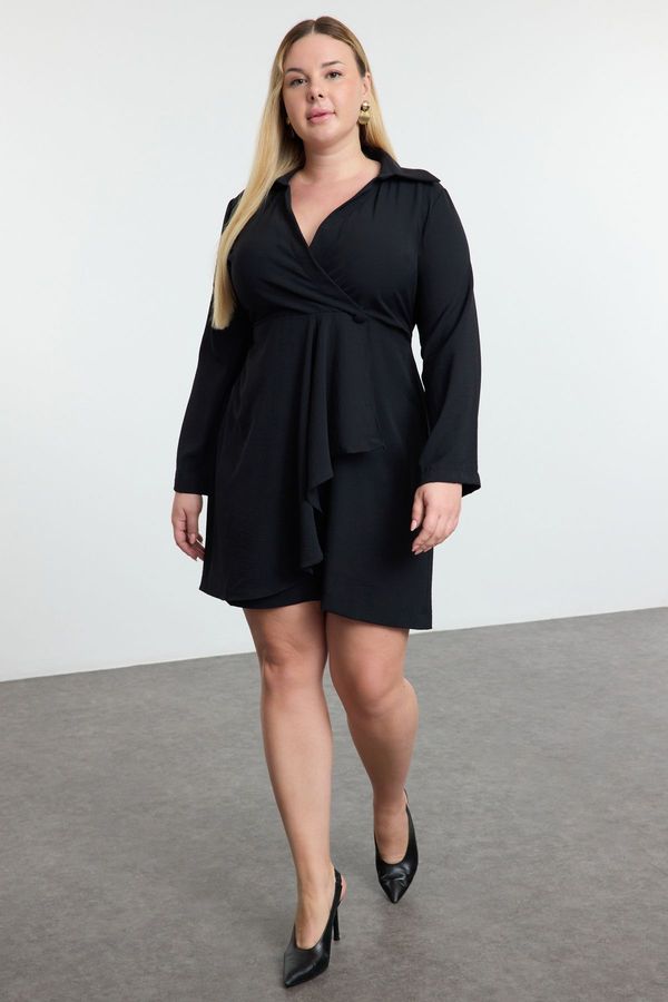 Trendyol Trendyol Curve Black Double Breasted Closure Back Gipel Flexible Woven A-Line Plus Size Dress