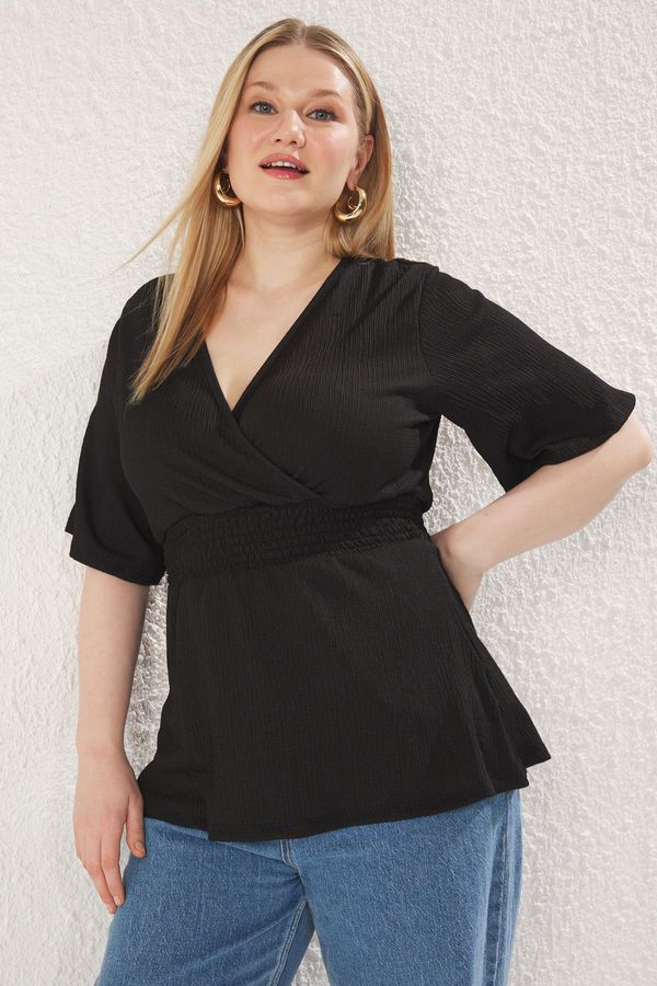 Trendyol Trendyol Curve Black Double Breasted Collar Gipe Detailed Knitted Plus Size Blouse