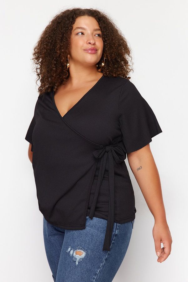 Trendyol Trendyol Curve Black Double Breasted Tie Detailed Knitted Blouse