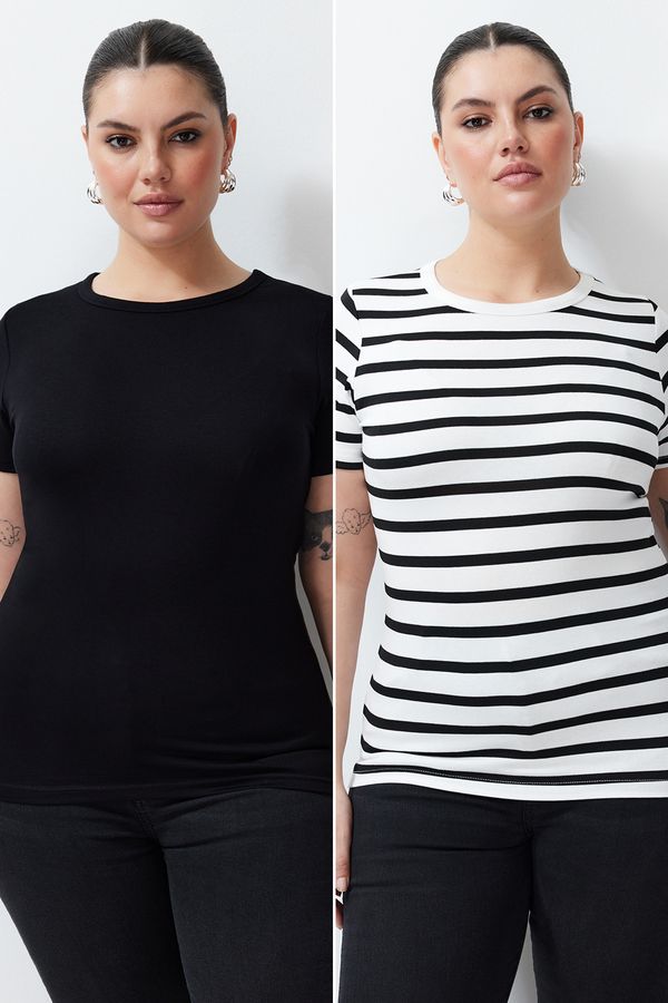 Trendyol Trendyol Curve Black-Ecru Striped 2-Pack Viscous Stretch Knitted Blouse