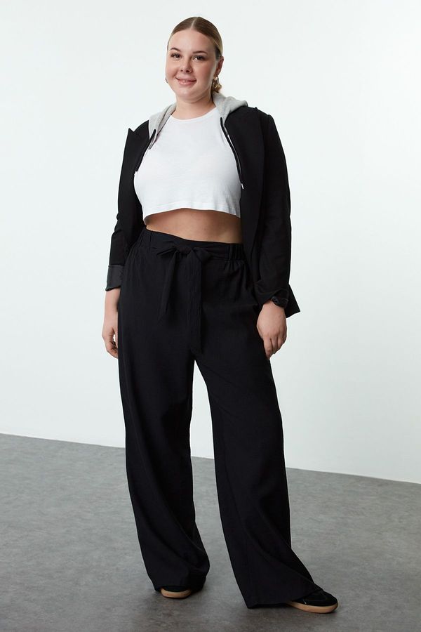 Trendyol Trendyol Curve Black Elastic Elastic Waist Belted Wide Leg Woven Plus Size Trousers