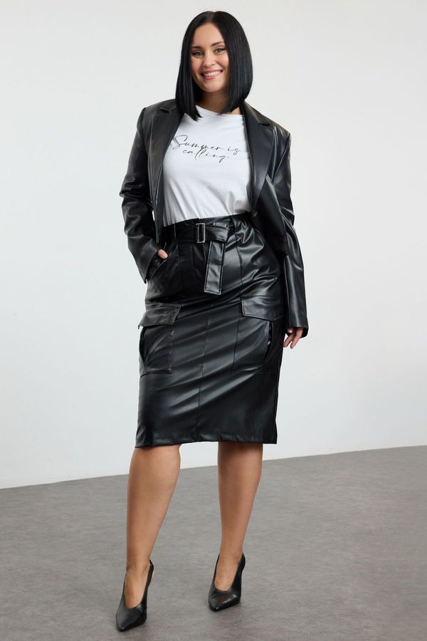 Trendyol Trendyol Curve Black Faux Leather Pocket Woven Plus Size Skirt