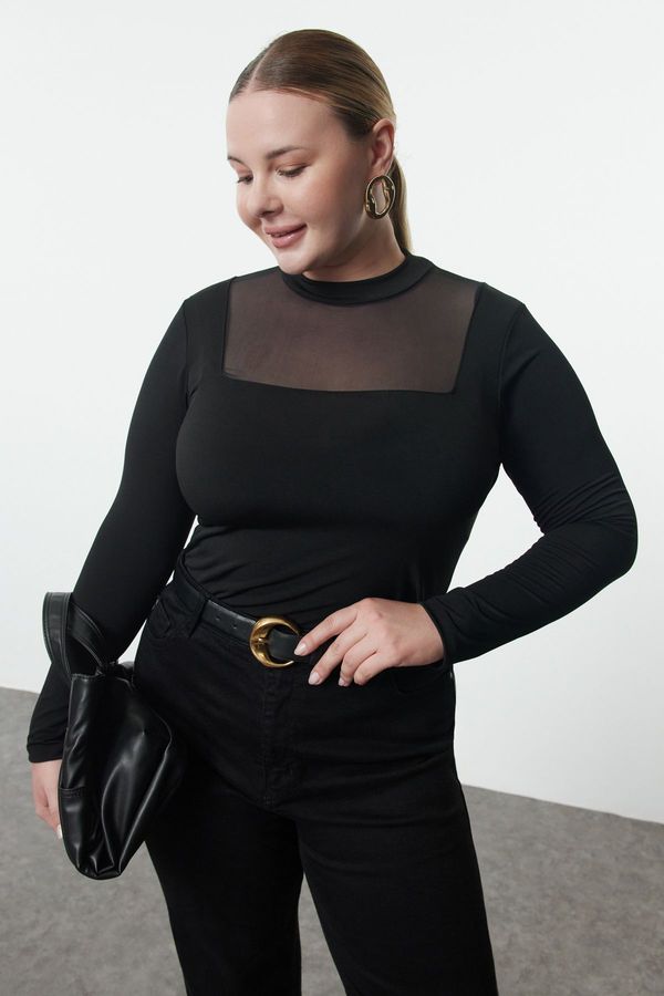 Trendyol Trendyol Curve Black Fitted Tulle Detailed Long Sleeve High Collar Flexible Snap Fastener Knitted Body