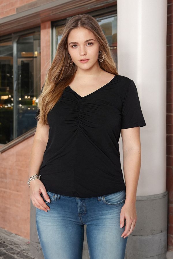 Trendyol Trendyol Curve Black Gathered Short Sleeve Knitted Blouse