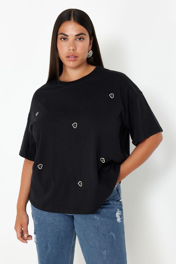 Trendyol Trendyol Curve Black Heart Accessory Detailed Oversize 100% Cotton Knitted T-shirt