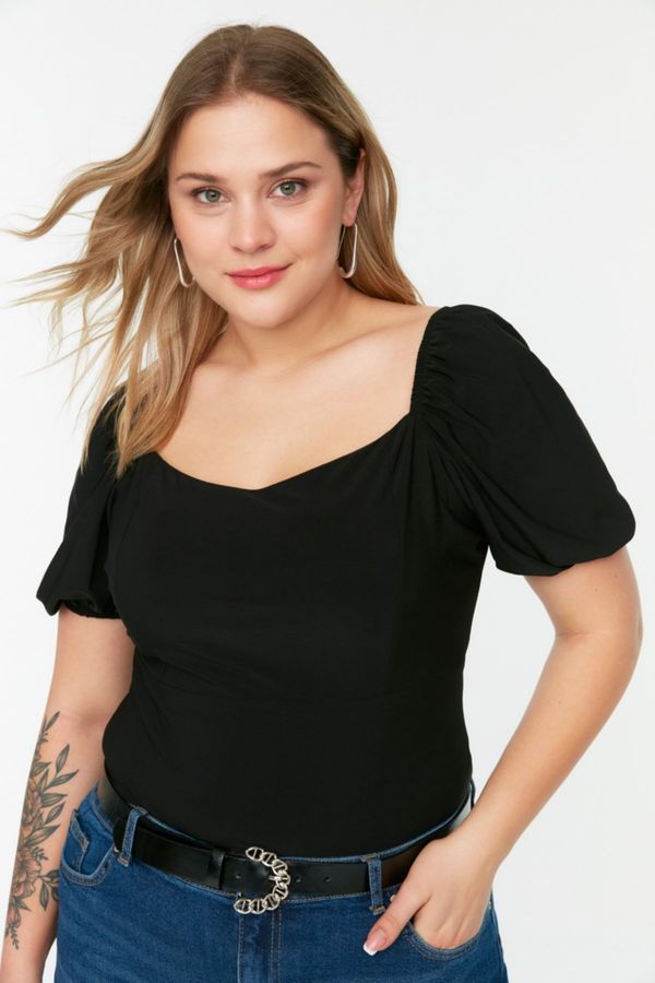 Trendyol Trendyol Curve Black Heart Neck Balloon Sleeve Knitted Blouse