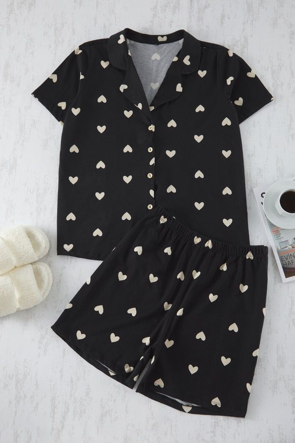 Trendyol Trendyol Curve Black Heart Patterned Shirt Collar Knitted Pajama Set