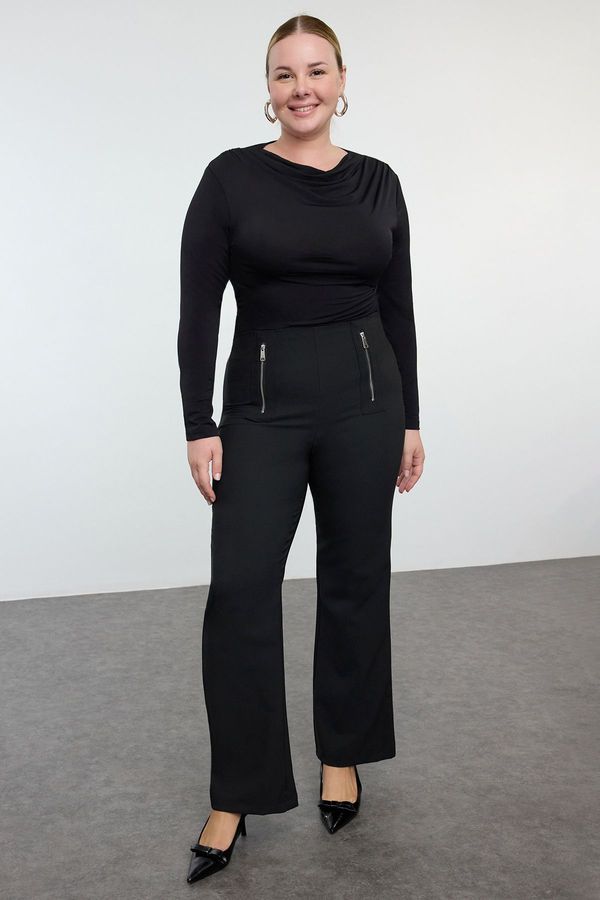 Trendyol Trendyol Curve Black High Waist Ornamental Zipper Woven Plus Size Flare Trousers